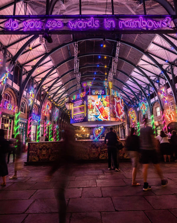 Neon tigers, snakes and positive words by Chila Burman light up Covent Garden for Pride