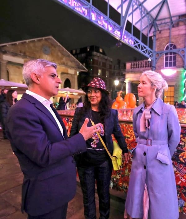 With Mayor of London, Sadiq Khan, and Deputy Mayor for Culture and the Creative Industries, Justine Simons, at Covent Garden, 2021