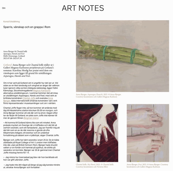 Interview with Anna Bjerger and Chantal Joffe in Art Notes