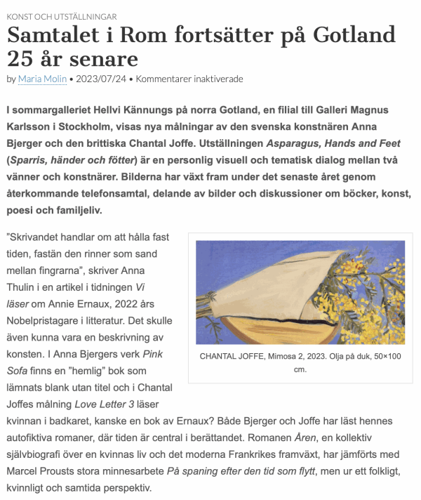 Article about Anna Bjerger and Chantal Joffe in Kulturöjn