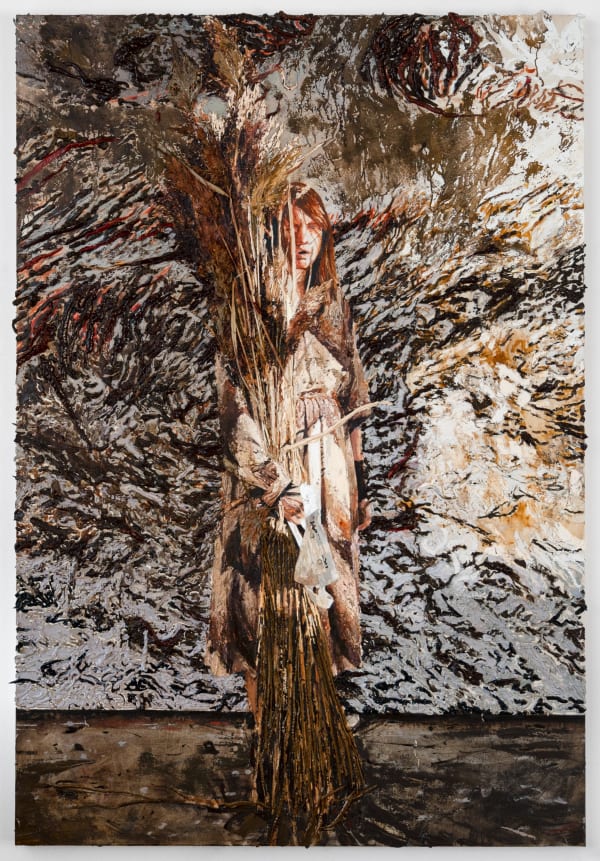 Sara-Vide Ericson, The Weaver, 2024. Oil, reed and thread on canvas, 190x130 cm