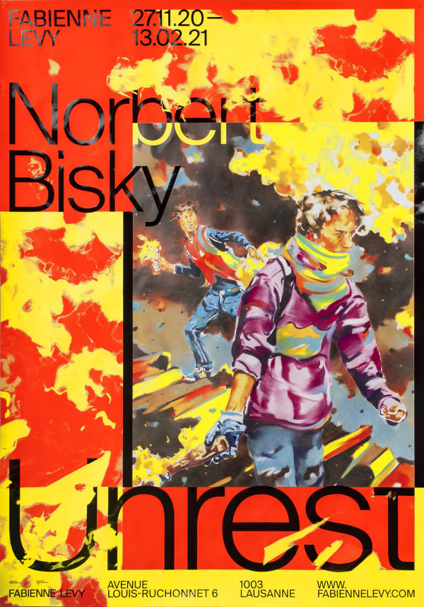 Show Poster – Norbert Bisky – Unrest, 2020 (Red) 4 colors silkscreen with varnished letters on Blueback paper 115gr 128 x 89.5 cm Total printed: 100 Graphic design: © Balmer Hählen Printed by Lézard Graphique