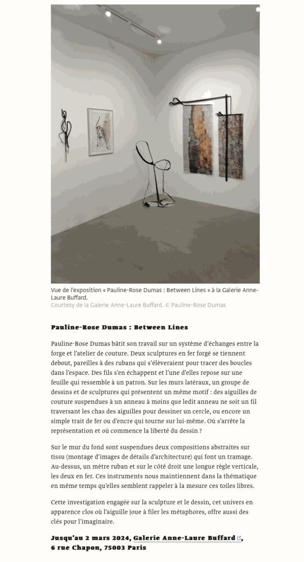L'actualité des galeries : Un choix d'expositions proposées dans les galeries par le critique d'art Patrick Javault, Pauline-Rose Dumas :...