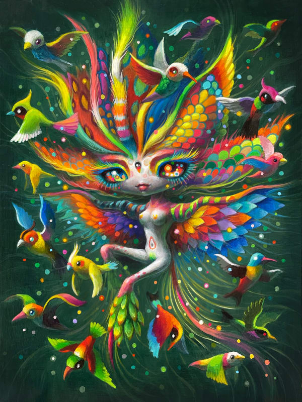 Yoko d'Holbachie Birdman Anthology Acrylic on Panel 16x12 in