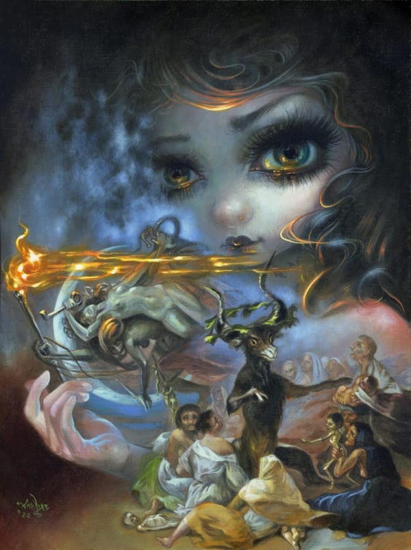 Pop Surreal portrait of girl with big eyes by Jasmine Becket-Griffith inspired by Francisco Goya's "Witches' Sabbath".