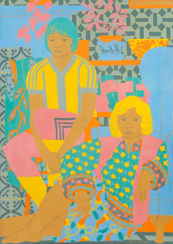 Norman Gilbert, Pat and Mark in front of a bookcase, 1982
