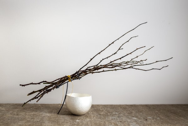 Jagged Shore Vessel silver, linen thread, rose stems 25cm high, 12cm deep and 53cm long Stuart Cairns