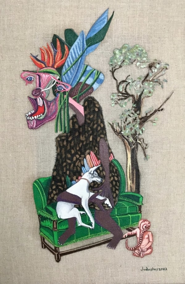 Sitting With My Dog and Imaginary Child Oil, ink and bleach on linen 45 x 30cm Judith Shaylor