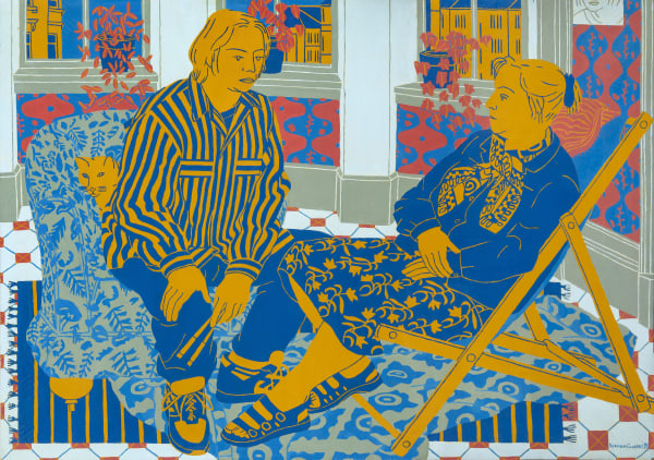 Figures with Cat and Deck Chair, 1995 Oil on Board 86x122cm Norman Gilbert
