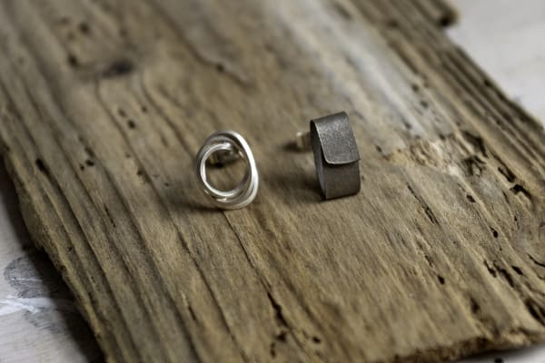 Small Fold and scribble mismatch earrings oxidised silver 8mm wide x 15mm high Stuart Cairns