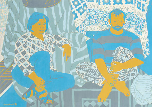 Pat and Daniel seated on floor, 1997 Oil on Board 86x122cm Norman Gilbert