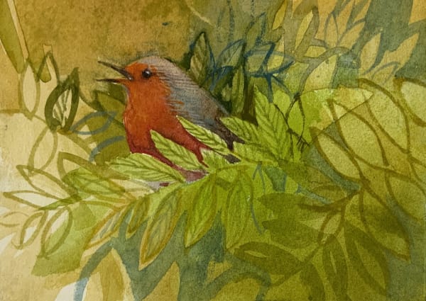 Bird Box Spring Robin Watercolour 7x10cm Claire Harkess