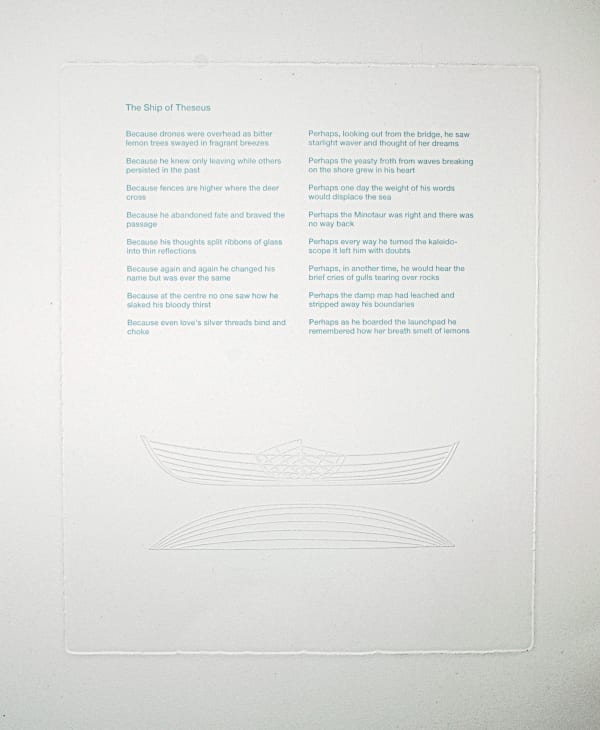 The Ship of Theseus Blind embossed etching with silkscreen text 52 x 47 cm Jean Gillespie