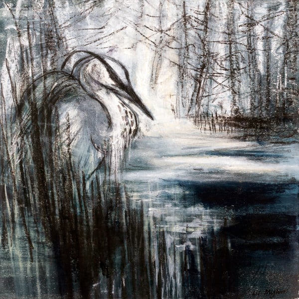 Winter Heron III Oil, ink & pigment on paper 24 x 24cm Liz Myhill