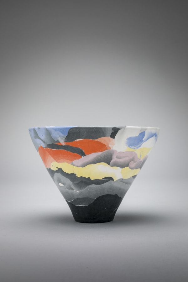 Stormy Summer Sunset small conical vessel Coloured porcelain and silver Kintsugi 8cms x 11.5cms Judy McKenzie