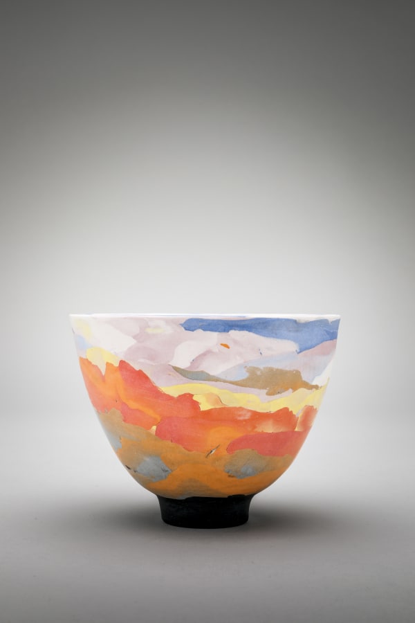 Orange Sunset small footed vessel Coloured porcelain and silver Kintsugi 8cms x 10cms Judy McKenzie