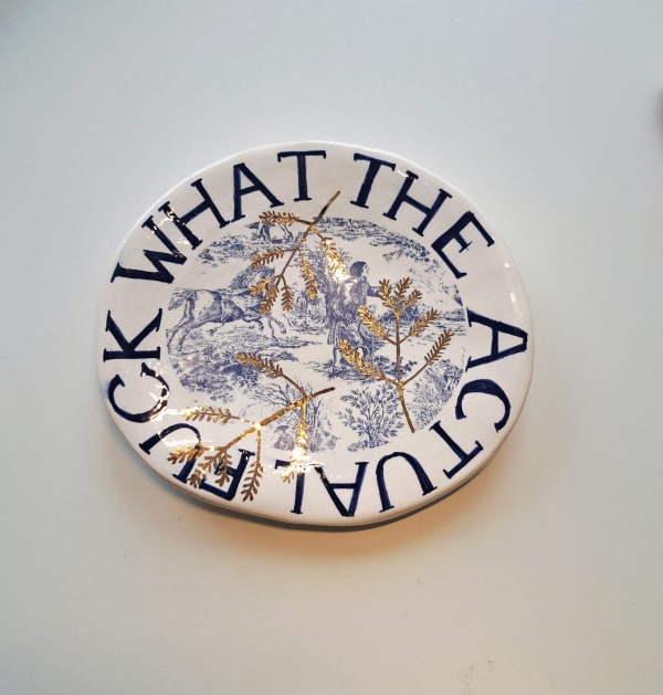 WTAF hand-rolled white earthenware with delft blue underglaze and 24k gold lustre and ceramic transfer. 16 cm x14.5cm Pauline Cumming