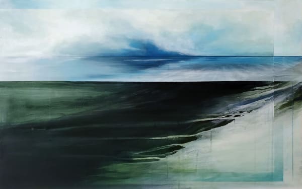 Clifftop Glitch, 2024 Ink, gesso and acrylic on panel 50 x 80cm Connie Liebschner