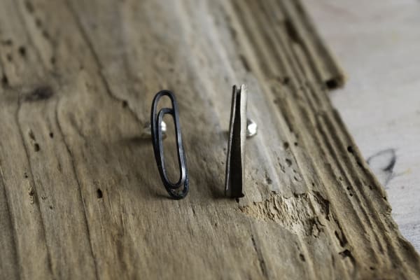 Long Loop and Channel mismatch earrings oxidised silver 5mm x 25mm high Stuart Cairns