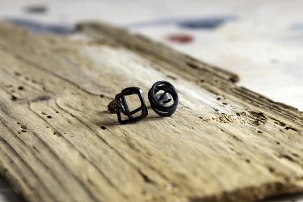 Small Square and circle scribble mismatch set oxidised silver 9mm x 9mm Stuart Cairns