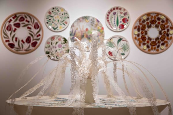 In May of 2020, the head curator at the Aga Khan Gallery apporached Yasmin and comissioned four Iznik-inspired Ceramic plates which celebrate the theme of Paradise. For this comission Yasmin explored symbolic and frequently referenced fruits, pairing them with equally important flowers. Here is an image from the exhibiton. Diameter of each individual plate: 34.5cm