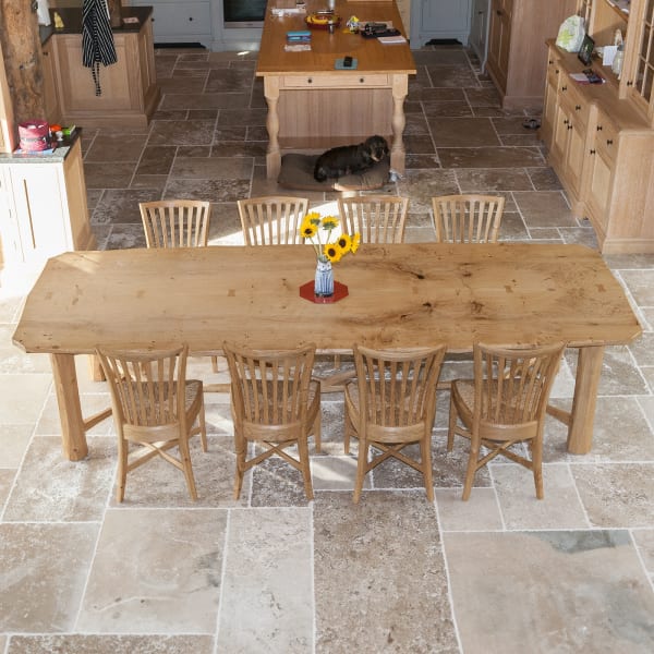 The rectangular oak kitchen table shown here was made with timber from a tree felled on the clients’ land. The two widest boards from the centre of the trunk were used to make the table top.