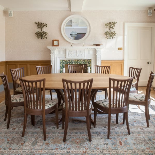 A dining table that seats ten.