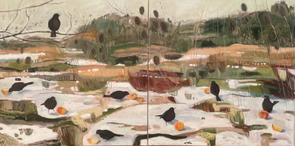 Elaine Kazimierczuk, Blackbird Apple Feast in my Garden diptych, 2025