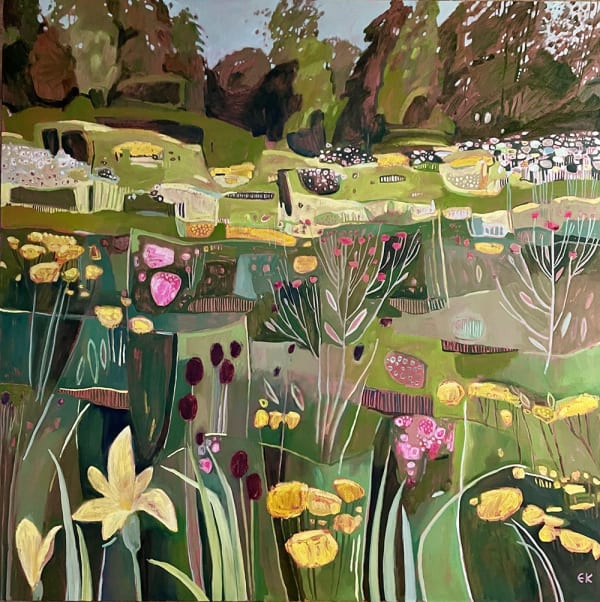 Summer Hedgerow with Dog Roses, oil on canvas, 107 x 107cm