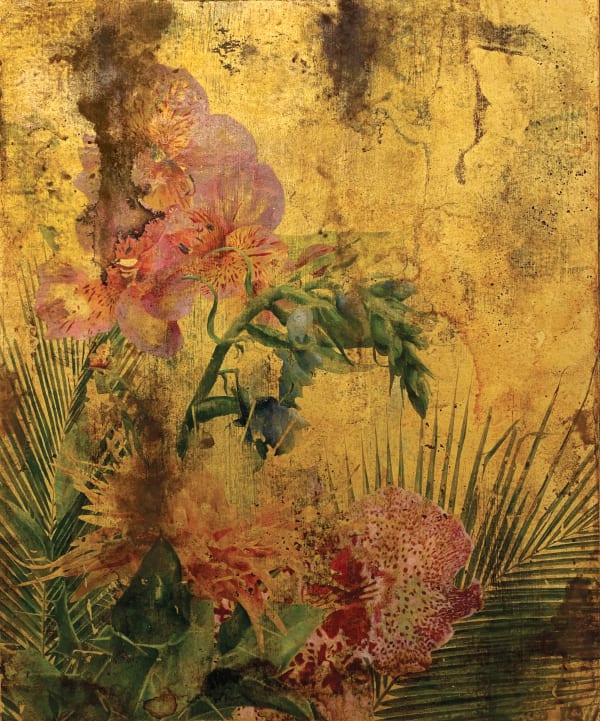 Carlos Rolón Discovery in the New World, 2023 Ink, oil, 24k gold leaf and rust on canvas mounted on Dibond 30 1/4 x 25 in 76.8 x 63.5 cm