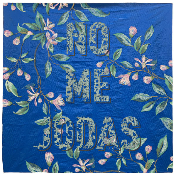 Carlos Rolón No Me Jodas, 2023 Fabric, thread, enamel on repurposed polyethylene tarp 68 x 68 in 172.7 x 172.7 cm