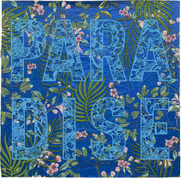 Carlos Rolón Paradise, 2023 Fabric, thread, enamel on repurposed polyethylene tarp 68 x 68 in 172.7 x 172.7 cm