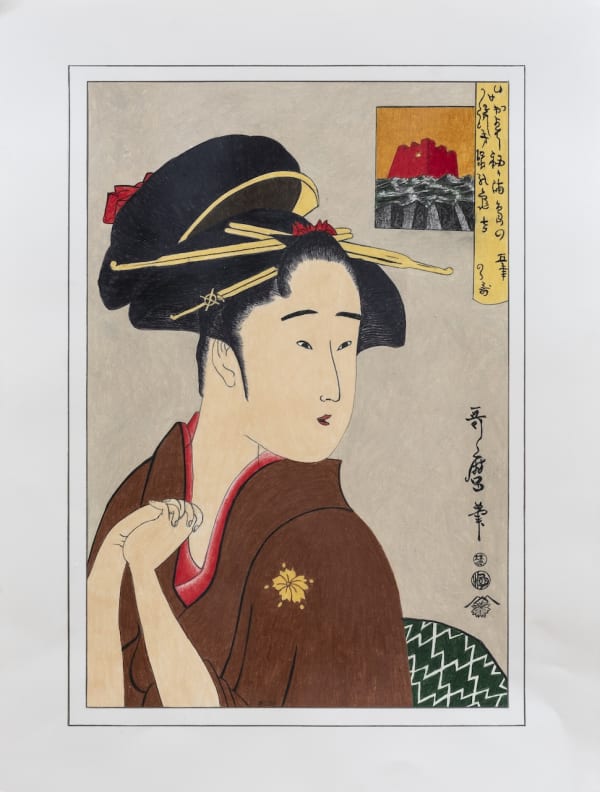 RICHARD CARTER Geisha with Bunker, after Utamaro, 2024 On verso Graphite and prismacolor on Arches paper 24 x 18 in