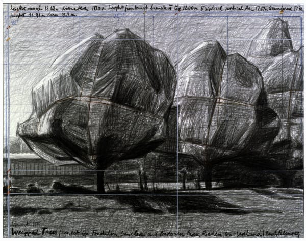 Christo Wrapped Trees (Project for Fondation Beyeler and Berower Park, Riehen, Switzerland), 1988 Graphite and wax crayon on paper 22 x 28 in 55.9 x 71.1 cm