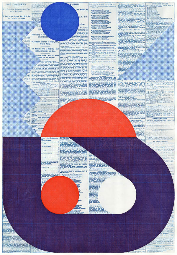 Evan Hecox She Conquers, 2025 Pen and ink drawing on cyanotype of vintage newspaper 32 x 24 in 81.3 x 61 cm