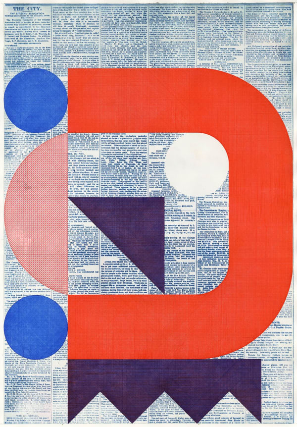 Evan Hecox The City, 2025 Pen and ink drawing on cyanotype of vintage newspaper 32 x 24 in 81.3 x 61 cm