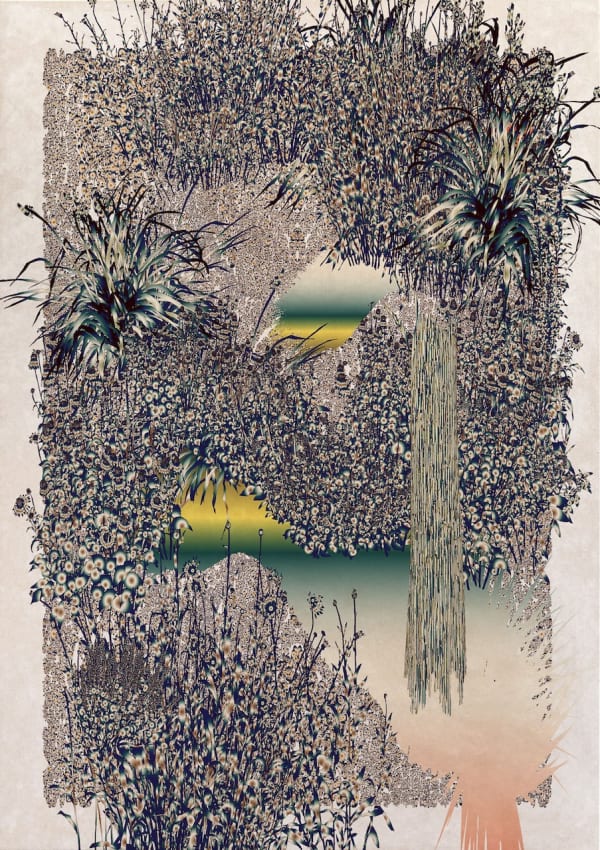 Andy Millner Floating World (Waterfall), 2025 Pigment ink drawing on mulberry paper 60 x 42 in 152.4 x 106.7 cm