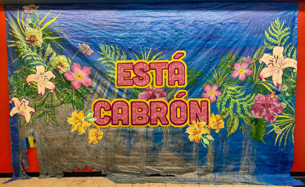 Carlos Rólon Está Cabrón, 2025 Felt, lace, acrylic, printed applique and hand embroidery on repurposed tarpaulin 158 1/4 x 231 1/4 in 402 x 587.4 cm