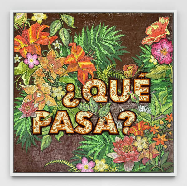 Carlos Rólon Qué Pasa, 2024 Felt, lace, acrylic, printed applique and hand embroidery on repurposed tarpaulin 40 x 40 in 101.6 x 101.6 cm