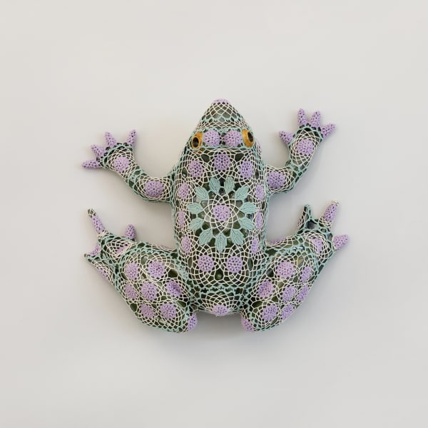 Joana Vasconcelos Syringa, 2025 Rafael Bordalo Pinheiro acrylic painted faience, Azores crocheted lace 13 x 39 x 34 cm | 5.12 x 15.35 x 13.39 in