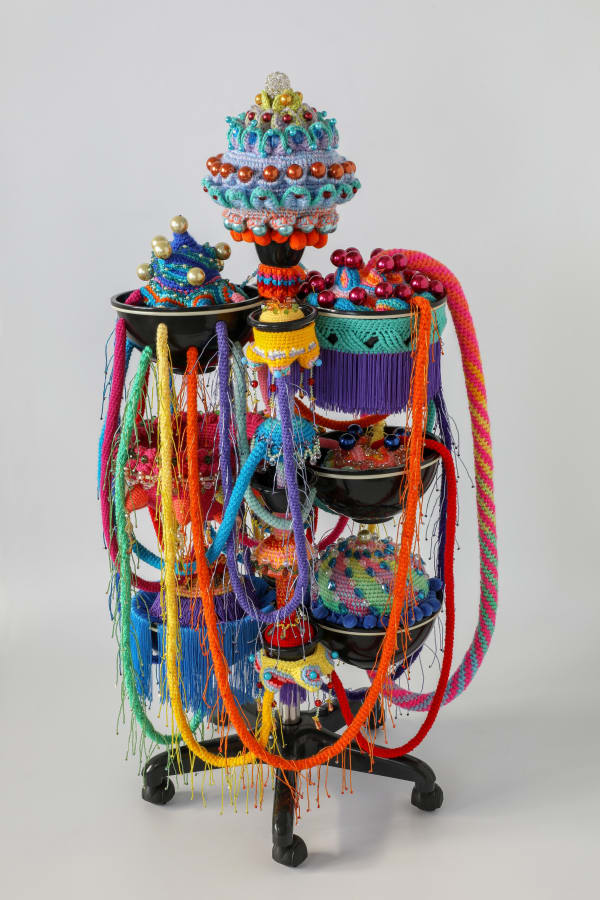 Joana Vasconcelos Choucroute, 2018 Hairdressing trolley, handmade woollen crochet, ornements, polyester 128 x 72 x 37 cm