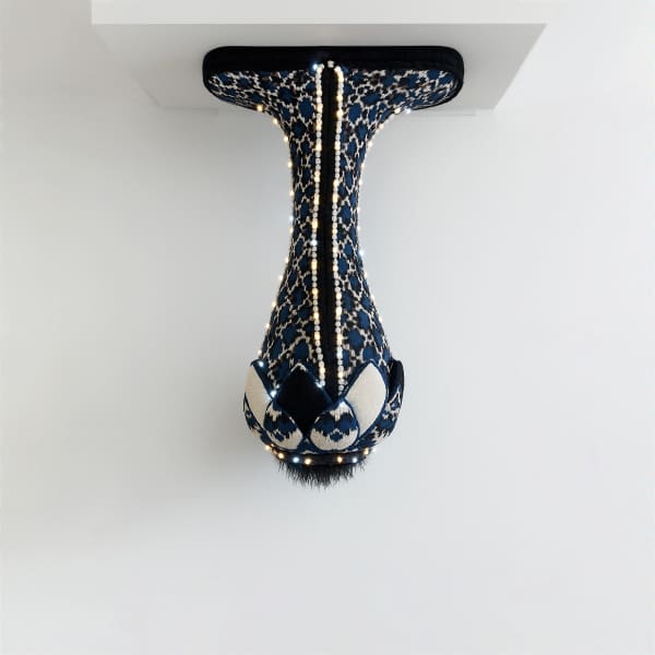 Joana Vasconcelos Gota #1, 2025 Handmade cotton crochet, fabrics, accessories, LED, polyester, polystyrene, fans, microcontroller, power supply, steel cables 120 x 215 x 48 cm | 47.24 x 84.65 x 18.9 in