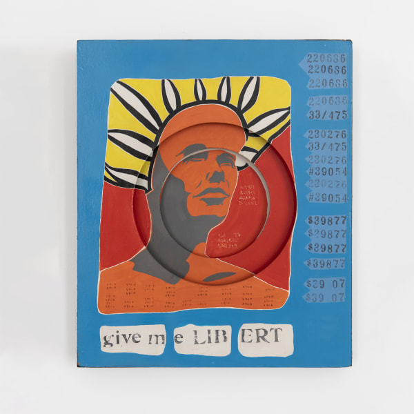 Felipe Ehrenberg Give me libert , 1966/67 Acrylic, rubber stamps on wood 60 x 50 x 5 cm | 23.62 x 19.69 x 1.97 in
