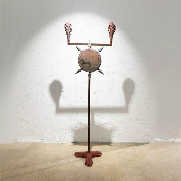 Estevan Davi Donde arden los puentes, nace el camino, 2025 Oil on pigmented concrete, quartz, oxide extract, aluminum, and iron 200 x 68 cm I 78.74 x 26.77 in