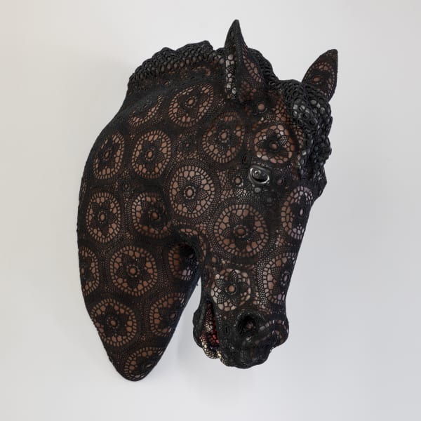 Joana Vasconcelos Zodiac, 2025 Rafael Bordalo Pinheiro acrylic painted faience, Azores crocheted lace, handmade cotton crochet 82 x 31 x 60 cm | 32.28 x 12.2 x 23.62 in