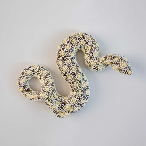 Joana Vasconcelos Sherifa, 2022 Rafael Bordalo Pinheiro faience painted with ceramic glaze, Azores crocheted lace 14 x 50 x 67 cm