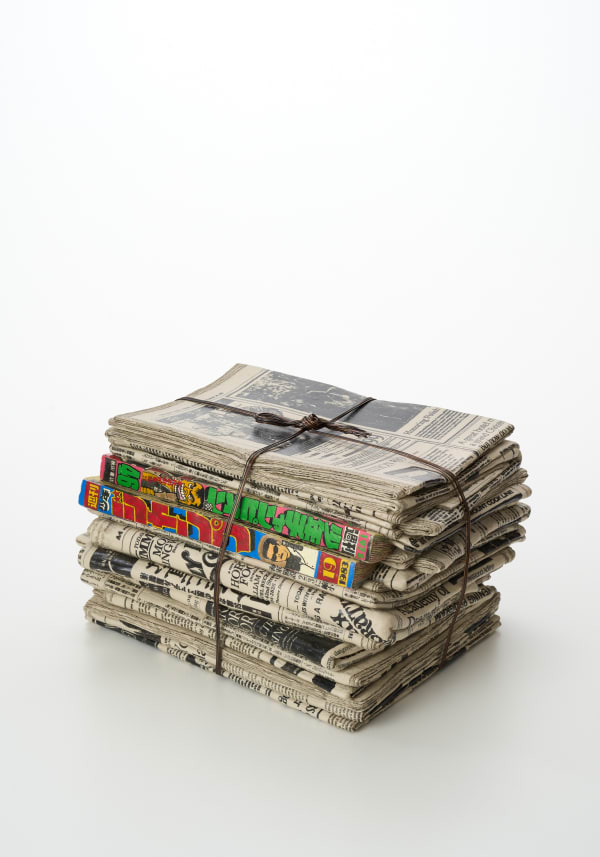 2024 《Newspaper 24-P》 印刷したセラミックに手彩色・鉄 H20.5xW36xD31cm