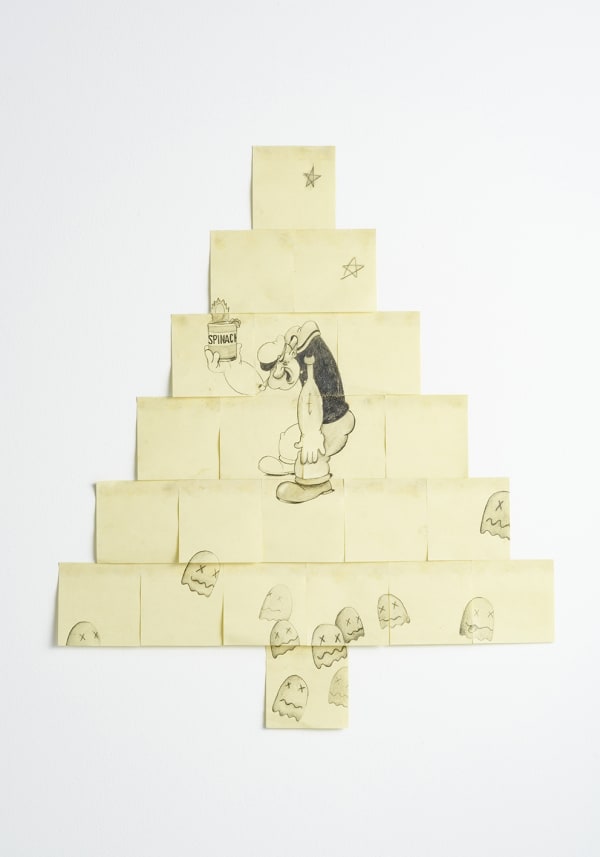 Popeye With Post It Tree and Pac Man Ghosts, 2016 ポストイットノートに黒鉛 H52.1 × W48.3 cm H20.5 × W19 in. クリスティン・モルギン