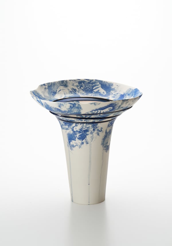 blue on blue, 2025 Porcelain, glaze H40.5 × W29.5 × D27.7 cm H15.9 × W11.6 × D10.9 in. Yuki Tawada +Fuku Fukumoto