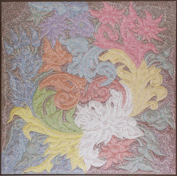 Chan Dany, Pkaa Phni Vois 2 (Kbach Series), 2014, Pencil shavings and glue on wooden board, 200 x 100 cm